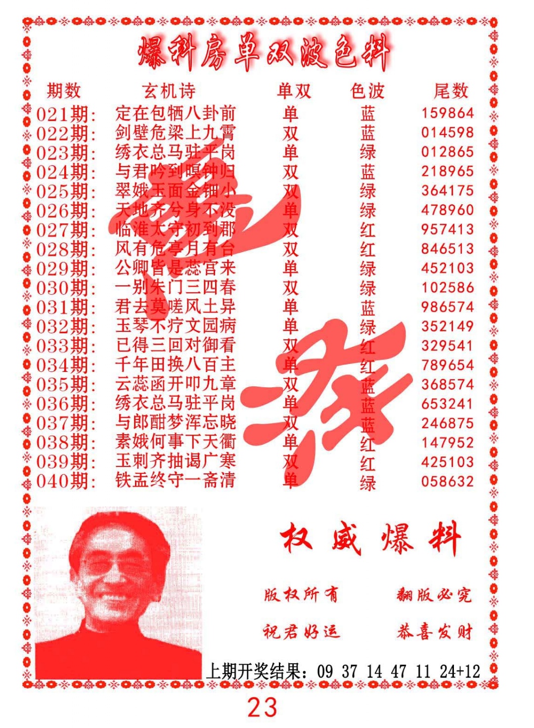 021期爆料房单双波色料[图]