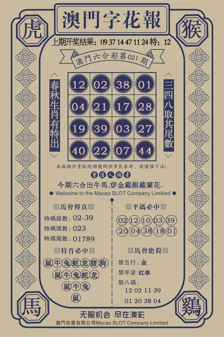 021期澳门字花报[图]